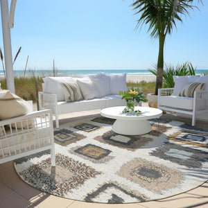 HomeRoots 5' Modern Geometric Indoor Outdoor Area Rug in Ivory Charcoal and Gold - Washable & Durable Design 8' Round 629096