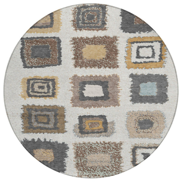 HomeRoots 5' Modern Geometric Indoor Outdoor Area Rug in Ivory Charcoal and Gold - Washable & Durable Design 8' Round 629096