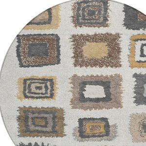 HomeRoots 5' Modern Geometric Indoor Outdoor Area Rug in Ivory Charcoal and Gold - Washable & Durable Design 8' Round 629096