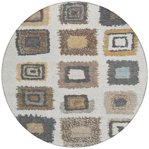 HomeRoots 5' Modern Geometric Indoor Outdoor Area Rug in Ivory Charcoal and Gold - Washable & Durable Design 8' Round 629096