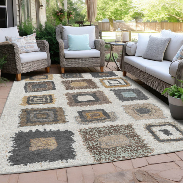 HomeRoots 5' Modern Geometric Indoor Outdoor Area Rug in Ivory Charcoal and Gold - Washable & Durable Design 8' X 10' 629097