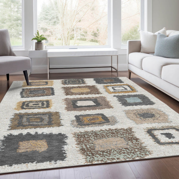 HomeRoots 5' Modern Geometric Indoor Outdoor Area Rug in Ivory Charcoal and Gold - Washable & Durable Design 9' X 12' 629098