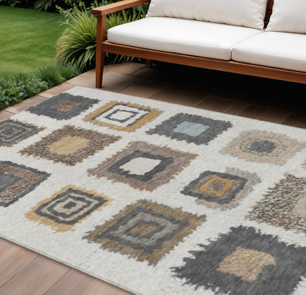 HomeRoots 5' Modern Geometric Indoor Outdoor Area Rug in Ivory Charcoal and Gold - Washable & Durable Design 10' X 14' 629099