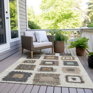 HomeRoots 5' Modern Geometric Indoor Outdoor Area Rug in Ivory Charcoal and Gold - Washable & Durable Design 10' X 14' 629099