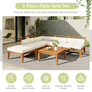 English Elm TOPMAX 6-Piece Acacia Patio Sofa Set - Modular L-Shaped Conversation Set, Convertible Daybed, Teak Beige Cushions SP100031AAA