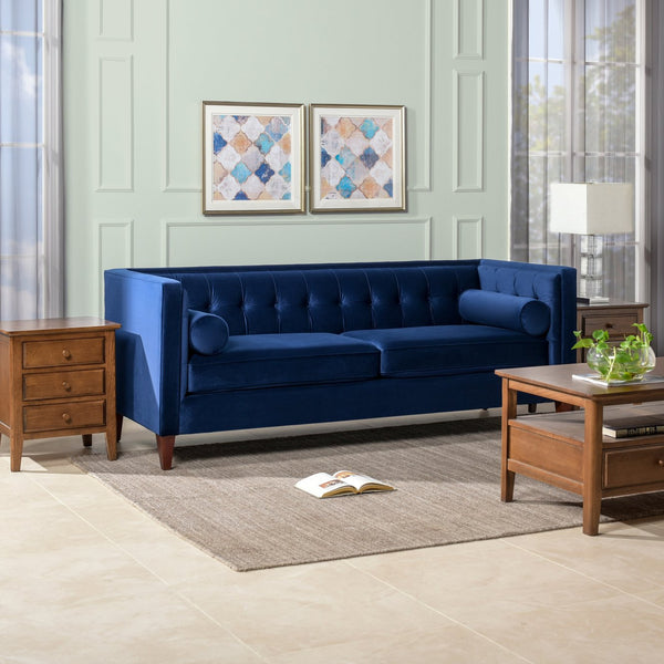 English Elm Jennifer Taylor Home - Jack 84" Modern Tuxedo Tufted Sofa in Plush Velvet with Shelter Arms, Reversible Cushions, Pillows Navy Blue B2719P238403