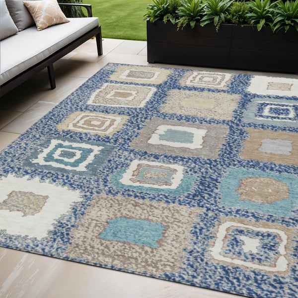 HomeRoots 5' Stylish Navy Blue Geometric Washable Indoor Outdoor Area Rug – Durable, Stain-Resistant Comfort 5' X 8' 629101