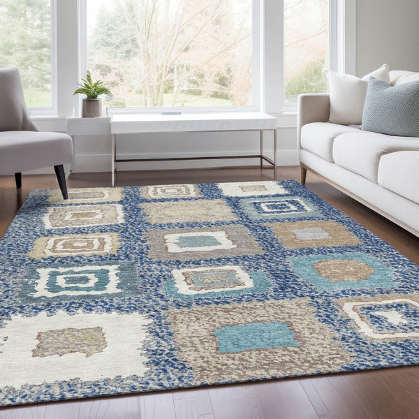 HomeRoots 5' Stylish Navy Blue Geometric Washable Indoor Outdoor Area Rug – Durable, Stain-Resistant Comfort 5' X 8' 629101