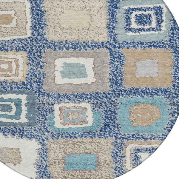 HomeRoots 5' Stylish Navy Blue Geometric Washable Indoor Outdoor Area Rug – Durable, Stain-Resistant Comfort 8' Round 629102