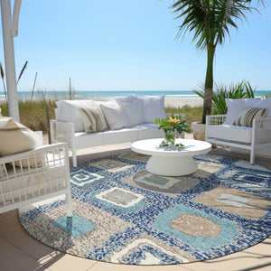 HomeRoots 5' Stylish Navy Blue Geometric Washable Indoor Outdoor Area Rug – Durable, Stain-Resistant Comfort 8' Round 629102