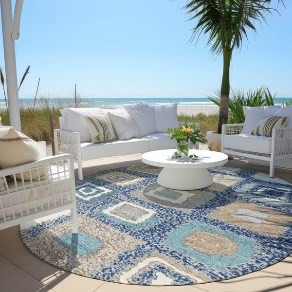 HomeRoots 5' Stylish Navy Blue Geometric Washable Indoor Outdoor Area Rug – Durable, Stain-Resistant Comfort 8' Round 629102