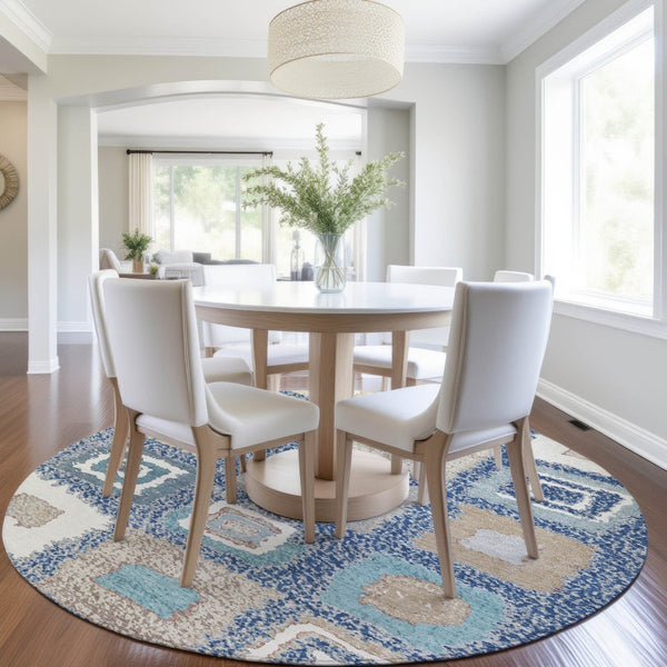 HomeRoots 5' Stylish Navy Blue Geometric Washable Indoor Outdoor Area Rug – Durable, Stain-Resistant Comfort 8' Round 629102