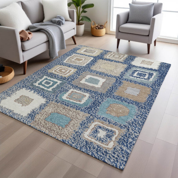 HomeRoots 5' Stylish Navy Blue Geometric Washable Indoor Outdoor Area Rug – Durable, Stain-Resistant Comfort 8' X 10' 629103