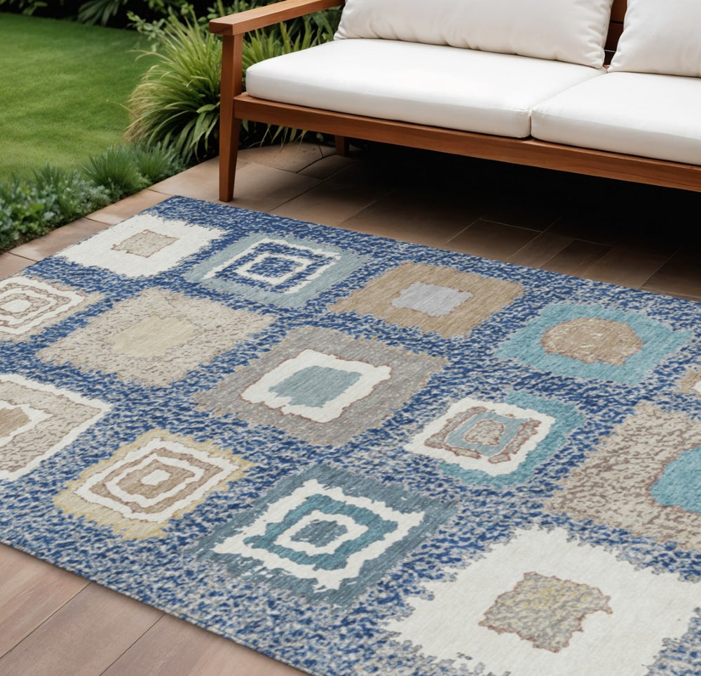 HomeRoots 5' Stylish Navy Blue Geometric Washable Indoor Outdoor Area Rug – Durable, Stain-Resistant Comfort 10' X 14' 629105