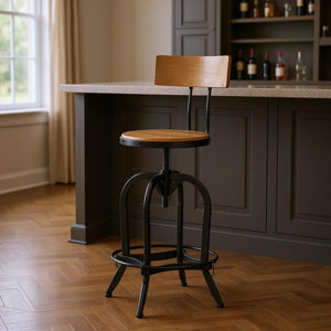 HomeRoots Natural Adjustable Height Swivel Bar Chair - Modern Rustic Wood & Metal Design for Kitchen & Bar 629125