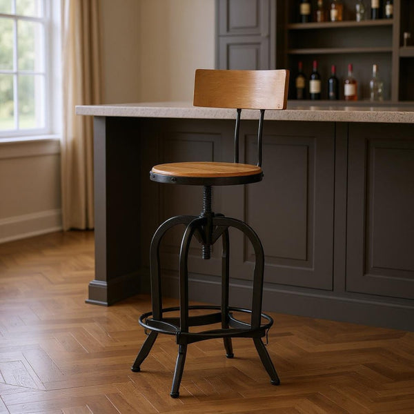 HomeRoots Natural Adjustable Height Swivel Bar Chair - Modern Rustic Wood & Metal Design for Kitchen & Bar 629125