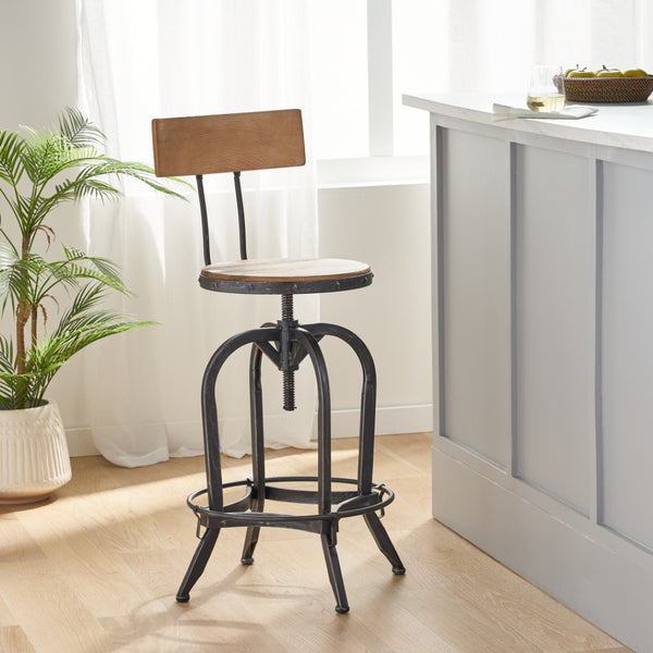 HomeRoots Natural Adjustable Height Swivel Bar Chair - Modern Rustic Wood & Metal Design for Kitchen & Bar 629125