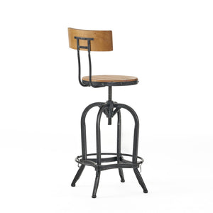 HomeRoots Natural Adjustable Height Swivel Bar Chair - Modern Rustic Wood & Metal Design for Kitchen & Bar 629125