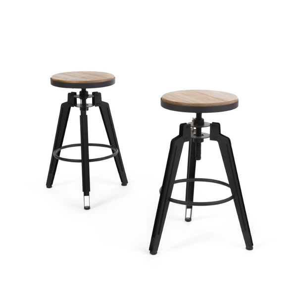 HomeRoots Set of Two Backless Adjustable Swivel Bar Stools with Natural Wood and Black Iron - Modern Rustic Vibe 629126