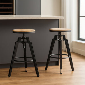 HomeRoots Set of Two Backless Adjustable Swivel Bar Stools with Natural Wood and Black Iron - Modern Rustic Vibe 629126