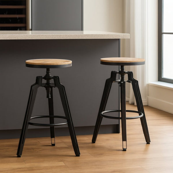 HomeRoots Set of Two Backless Adjustable Swivel Bar Stools with Natural Wood and Black Iron - Modern Rustic Vibe 629126
