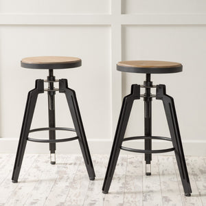 HomeRoots Set of Two Backless Adjustable Swivel Bar Stools with Natural Wood and Black Iron - Modern Rustic Vibe 629126