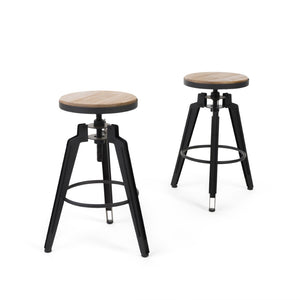 HomeRoots Set of Two Backless Adjustable Swivel Bar Stools with Natural Wood and Black Iron - Modern Rustic Vibe 629126