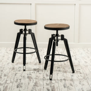 HomeRoots Set of Two Backless Adjustable Swivel Bar Stools with Natural Wood and Black Iron - Modern Rustic Vibe 629126