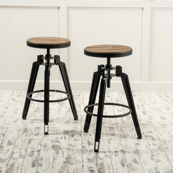 HomeRoots Set of Two Backless Adjustable Swivel Bar Stools with Natural Wood and Black Iron - Modern Rustic Vibe 629126