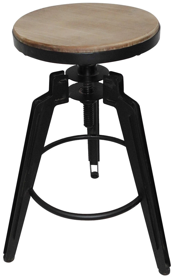 HomeRoots Set of Two Backless Adjustable Swivel Bar Stools with Natural Wood and Black Iron - Modern Rustic Vibe 629126