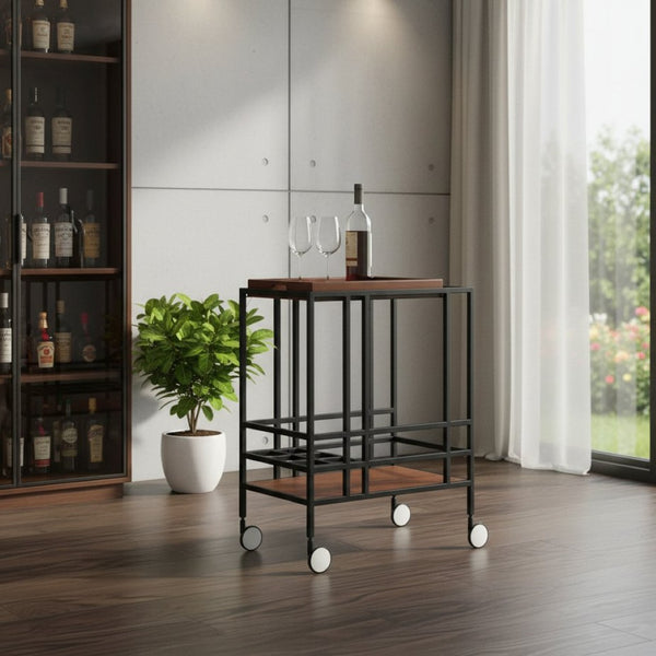HomeRoots 17" Walnut Rolling Bar Cart with Iron Frame, Wine Storage & Smooth Casters for Easy Mobility 629127
