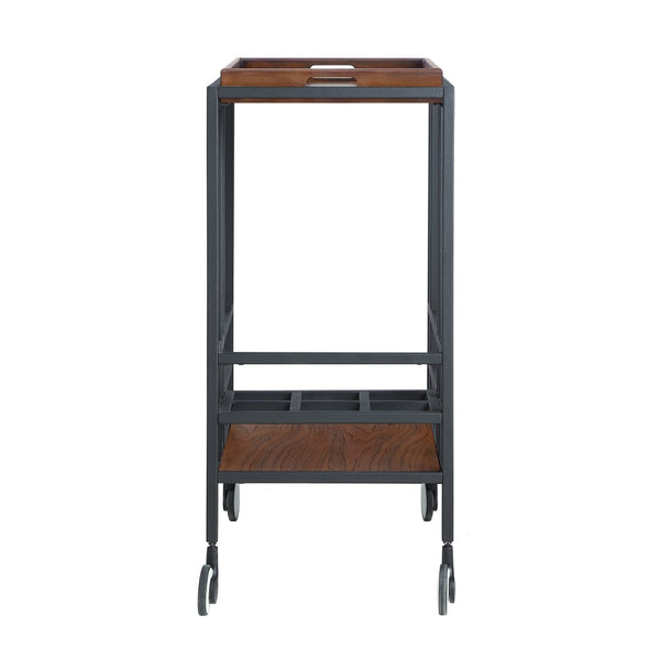 HomeRoots 17" Walnut Rolling Bar Cart with Iron Frame, Wine Storage & Smooth Casters for Easy Mobility 629127