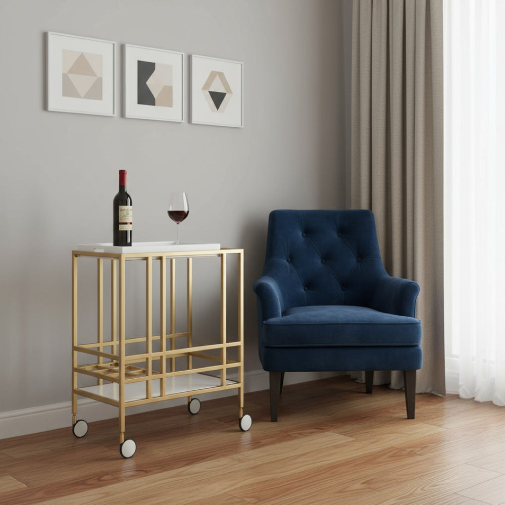 HomeRoots 17" Chic White Iron and Wood Rolling Bar Cart - Stylish Wine Storage, Mobile Serving Station 629128