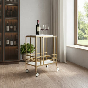 HomeRoots 17" Chic White Iron and Wood Rolling Bar Cart - Stylish Wine Storage, Mobile Serving Station 629128