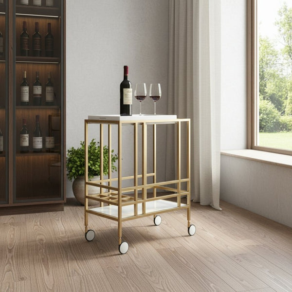 HomeRoots 17" Chic White Iron and Wood Rolling Bar Cart - Stylish Wine Storage, Mobile Serving Station 629128