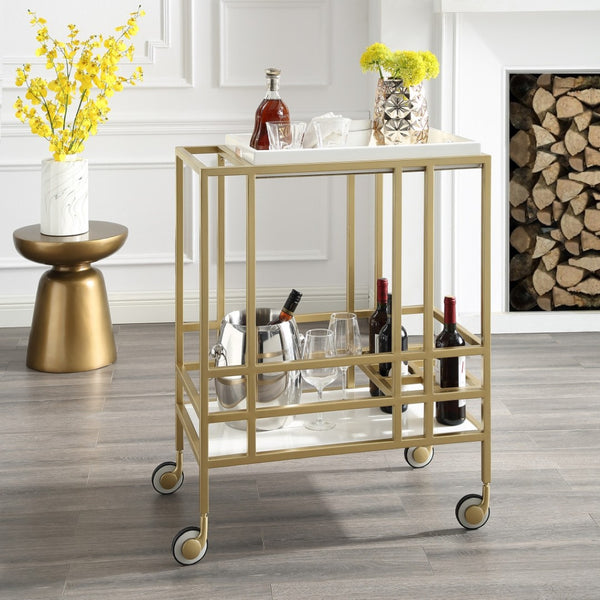 HomeRoots 17" Chic White Iron and Wood Rolling Bar Cart - Stylish Wine Storage, Mobile Serving Station 629128