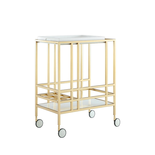 HomeRoots 17" Chic White Iron and Wood Rolling Bar Cart - Stylish Wine Storage, Mobile Serving Station 629128