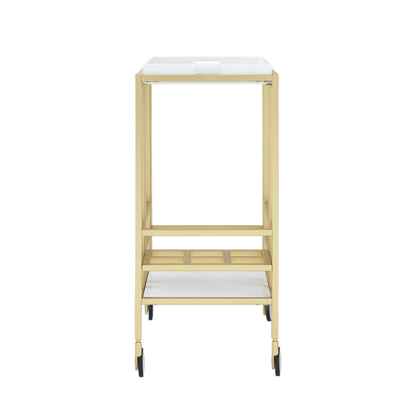 HomeRoots 17" Chic White Iron and Wood Rolling Bar Cart - Stylish Wine Storage, Mobile Serving Station 629128