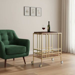 HomeRoots 17" Walnut Rolling Bar Cart with Iron Frame, Wine Storage, and Glass Organizer for Entertaining 629129