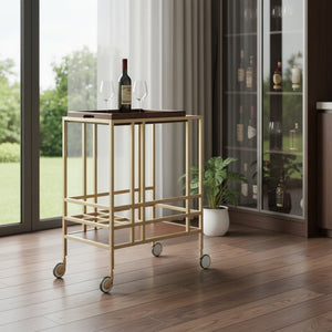 HomeRoots 17" Walnut Rolling Bar Cart with Iron Frame, Wine Storage, and Glass Organizer for Entertaining 629129