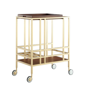 HomeRoots 17" Walnut Rolling Bar Cart with Iron Frame, Wine Storage, and Glass Organizer for Entertaining 629129