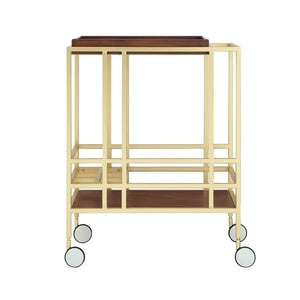 HomeRoots 17" Walnut Rolling Bar Cart with Iron Frame, Wine Storage, and Glass Organizer for Entertaining 629129