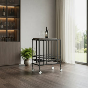 HomeRoots 17" Gray Iron and Wood Rolling Bar Cart – Stylish Wine Storage & Versatile Serving Solution for Home 629130