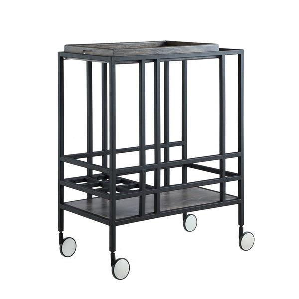 HomeRoots 17" Gray Iron and Wood Rolling Bar Cart – Stylish Wine Storage & Versatile Serving Solution for Home 629130