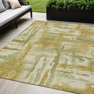HomeRoots 5' Artichoke Green and Gold Abstract Area Rug - Washable, Stain-Resistant for Indoor & Outdoor Use 629132