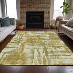 HomeRoots 5' Artichoke Green and Gold Abstract Area Rug - Washable, Stain-Resistant for Indoor & Outdoor Use 629132