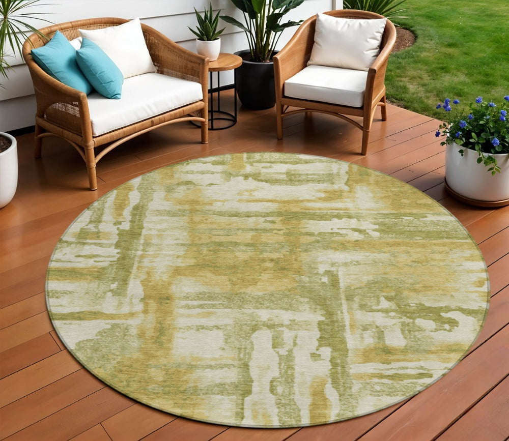 HomeRoots 8' Artichoke Green & Gold Round Area Rug – Modern Abstract Design, Washable, Indoor/Outdoor Versatile 629133