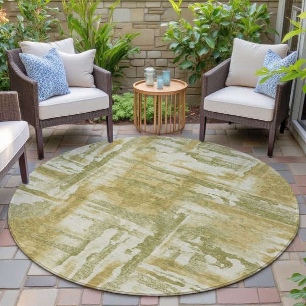 HomeRoots 8' Artichoke Green & Gold Round Area Rug – Modern Abstract Design, Washable, Indoor/Outdoor Versatile 629133