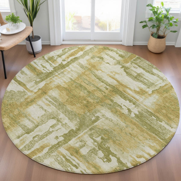 HomeRoots 8' Artichoke Green & Gold Round Area Rug – Modern Abstract Design, Washable, Indoor/Outdoor Versatile 629133