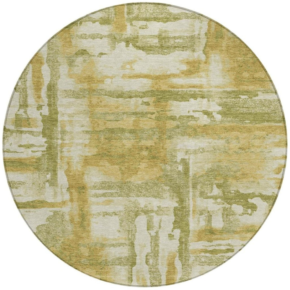 HomeRoots 8' Artichoke Green & Gold Round Area Rug – Modern Abstract Design, Washable, Indoor/Outdoor Versatile 629133